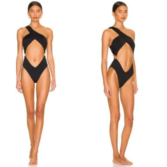 WeWoreWhat Asymmetrical Crossover one piece swimsuit Black Gold Ring Detail NWT - Picture 5 of 10